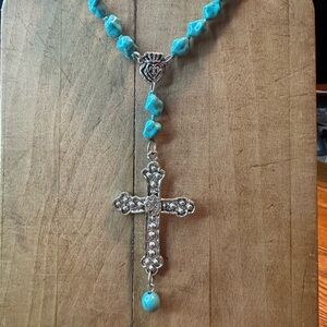 Turquoise Beaded Cross Necklace - 13.5” Long